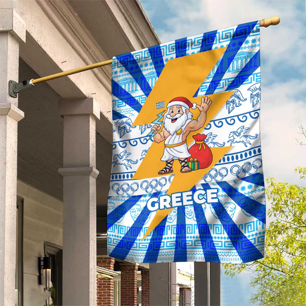 Greece Christmas Garden Flag with Zeus Santa Greek Flag Lightning Bolt Gift Bag and Blue Yellow Pattern Design - Wonder Print Shop
