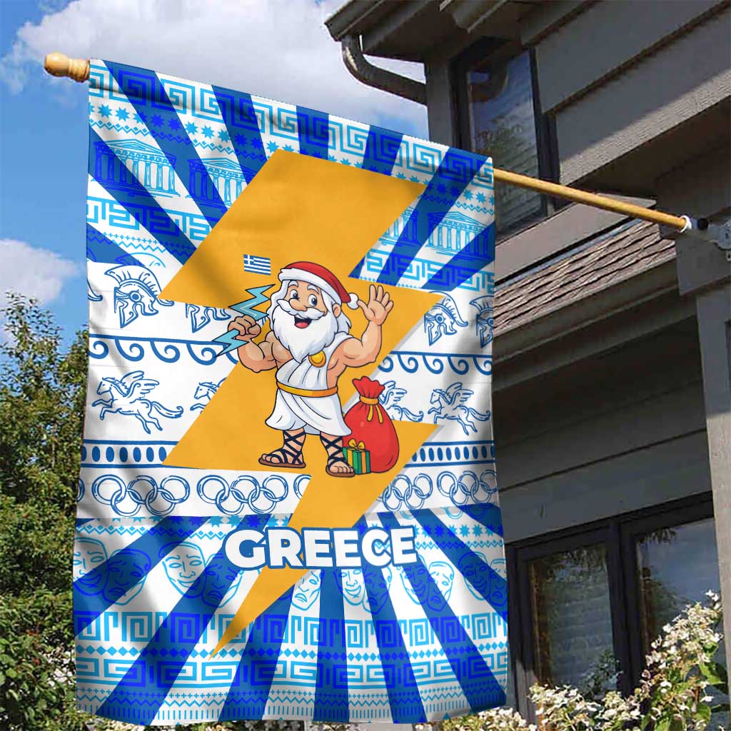Greece Christmas Garden Flag with Zeus Santa Greek Flag Lightning Bolt Gift Bag and Blue Yellow Pattern Design - Wonder Print Shop