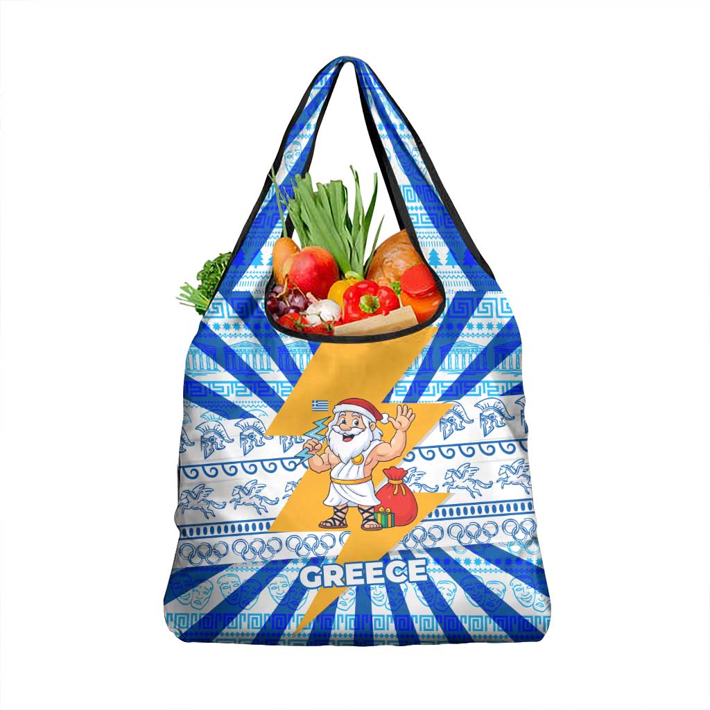 Greece Christmas Grocery Bag with Zeus Santa Greek Flag Lightning Bolt Gift Bag and Blue Yellow Pattern Design - Wonder Print Shop