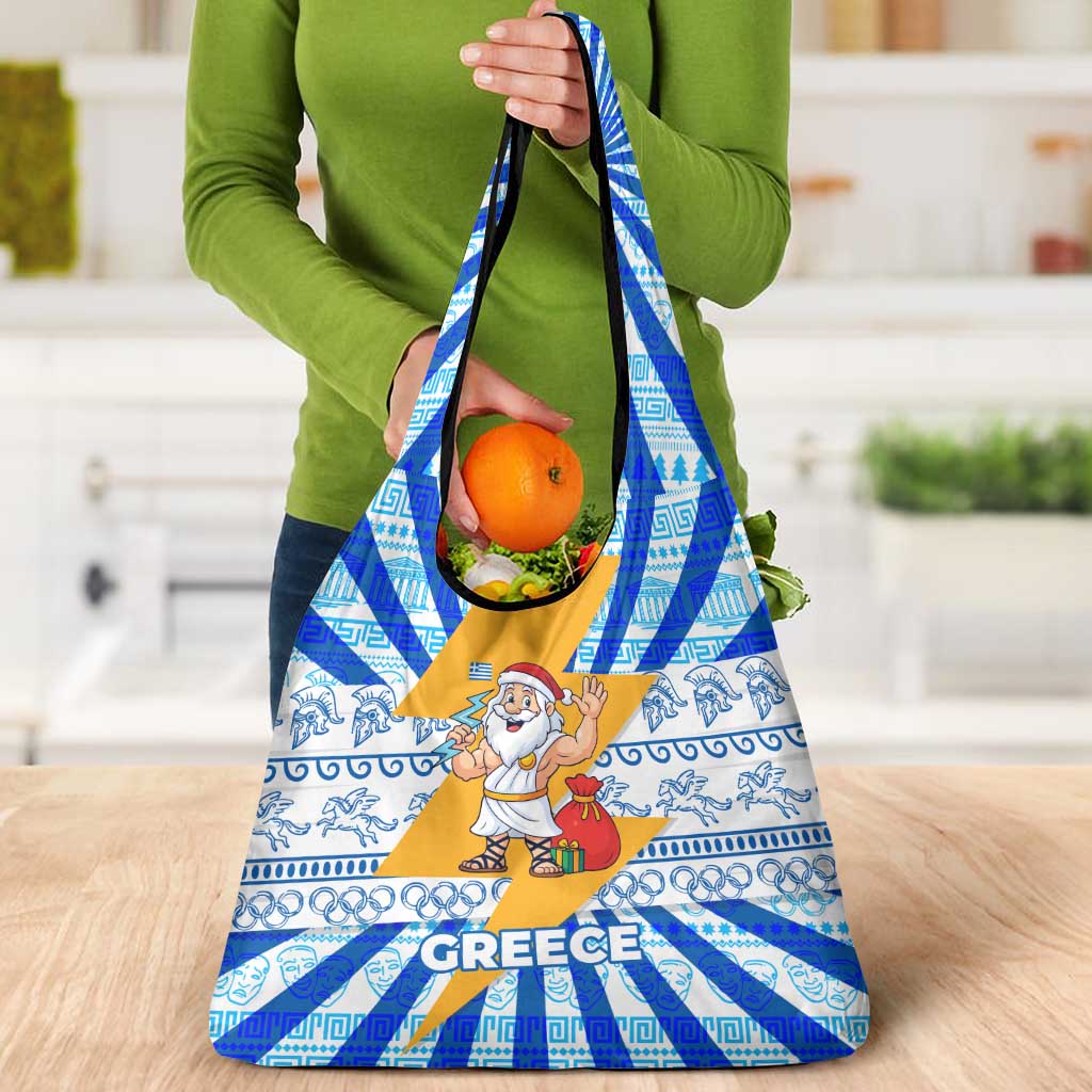 Greece Christmas Grocery Bag with Zeus Santa Greek Flag Lightning Bolt Gift Bag and Blue Yellow Pattern Design - Wonder Print Shop