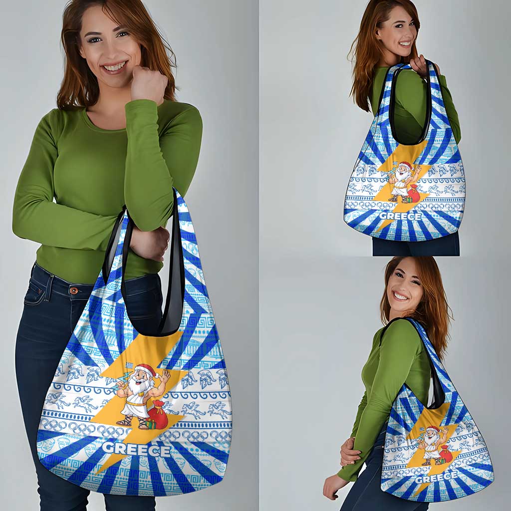 Greece Christmas Grocery Bag with Zeus Santa Greek Flag Lightning Bolt Gift Bag and Blue Yellow Pattern Design - Wonder Print Shop
