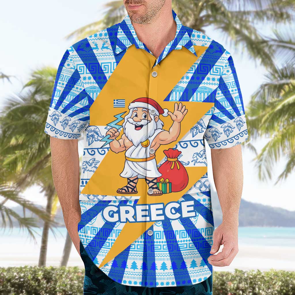 Greece Christmas Hawaiian Shirt with Zeus Santa Greek Flag Lightning Bolt Gift Bag and Blue Yellow Pattern Design - Wonder Print Shop