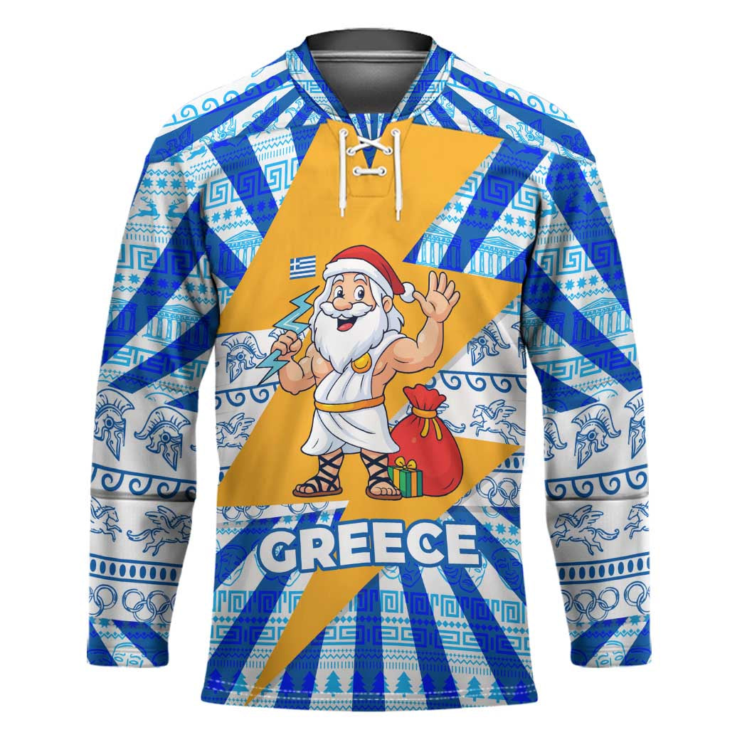 Greece Christmas Hockey Jersey with Zeus Santa Greek Flag Lightning Bolt Gift Bag and Blue Yellow Pattern Design - Wonder Print Shop