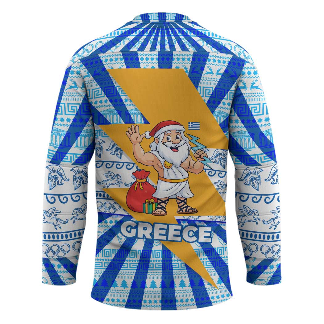 Greece Christmas Hockey Jersey with Zeus Santa Greek Flag Lightning Bolt Gift Bag and Blue Yellow Pattern Design - Wonder Print Shop