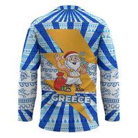 Greece Christmas Hockey Jersey with Zeus Santa Greek Flag Lightning Bolt Gift Bag and Blue Yellow Pattern Design - Wonder Print Shop