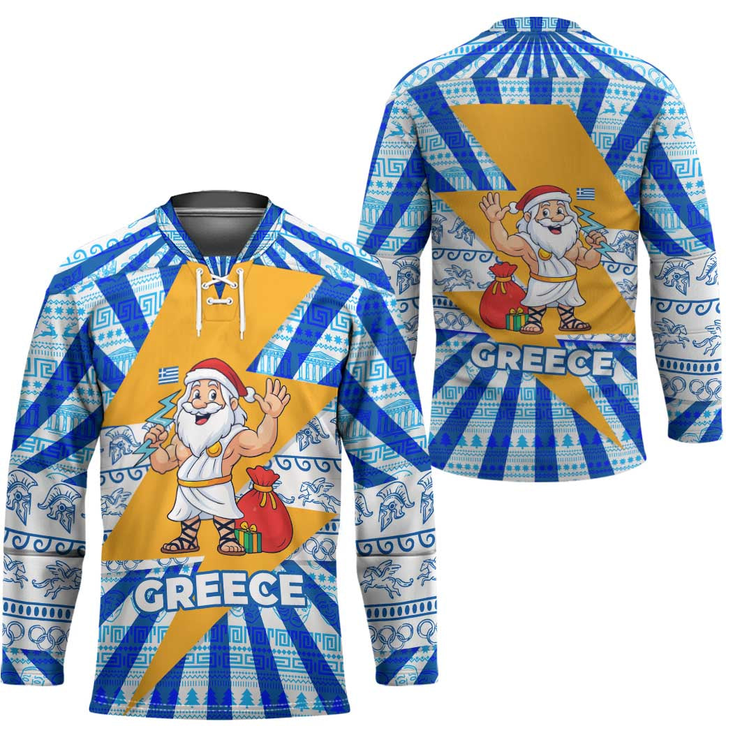 Greece Christmas Hockey Jersey with Zeus Santa Greek Flag Lightning Bolt Gift Bag and Blue Yellow Pattern Design - Wonder Print Shop