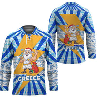 Greece Christmas Hockey Jersey with Zeus Santa Greek Flag Lightning Bolt Gift Bag and Blue Yellow Pattern Design - Wonder Print Shop