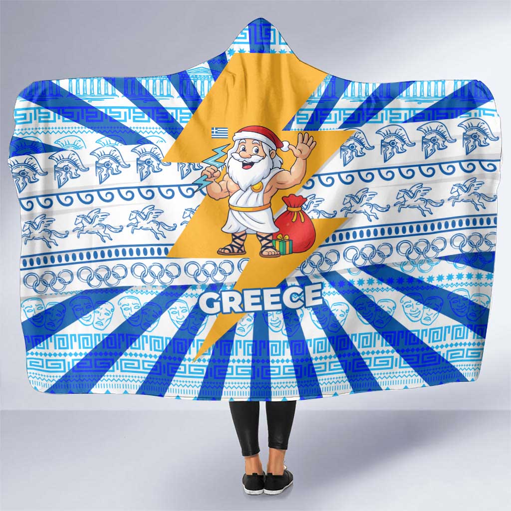 Greece Christmas Hooded Blanket with Zeus Santa Greek Flag Lightning Bolt Gift Bag and Blue Yellow Pattern Design - Wonder Print Shop
