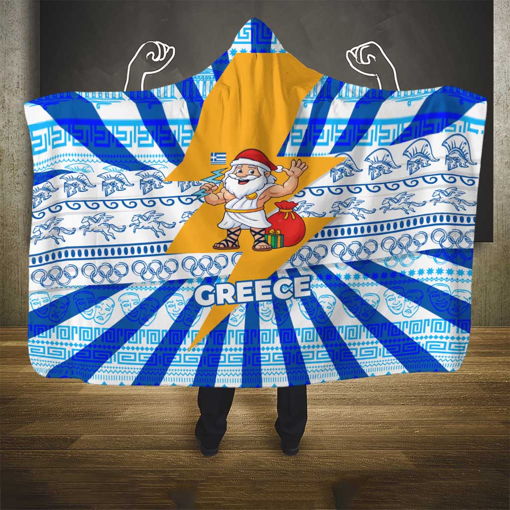 Greece Christmas Hooded Blanket with Zeus Santa Greek Flag Lightning Bolt Gift Bag and Blue Yellow Pattern Design - Wonder Print Shop