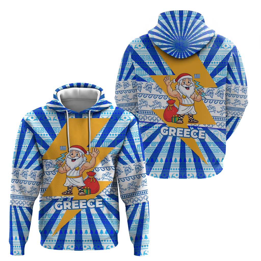 Greece Christmas Hoodie with Zeus Santa Greek Flag Lightning Bolt Gift Bag and Blue Yellow Pattern Design - Wonder Print Shop