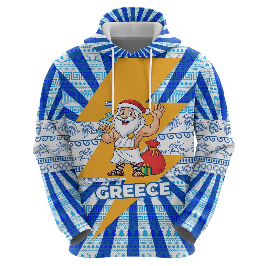 Greece Christmas Hoodie with Zeus Santa Greek Flag Lightning Bolt Gift Bag and Blue Yellow Pattern Design - Wonder Print Shop