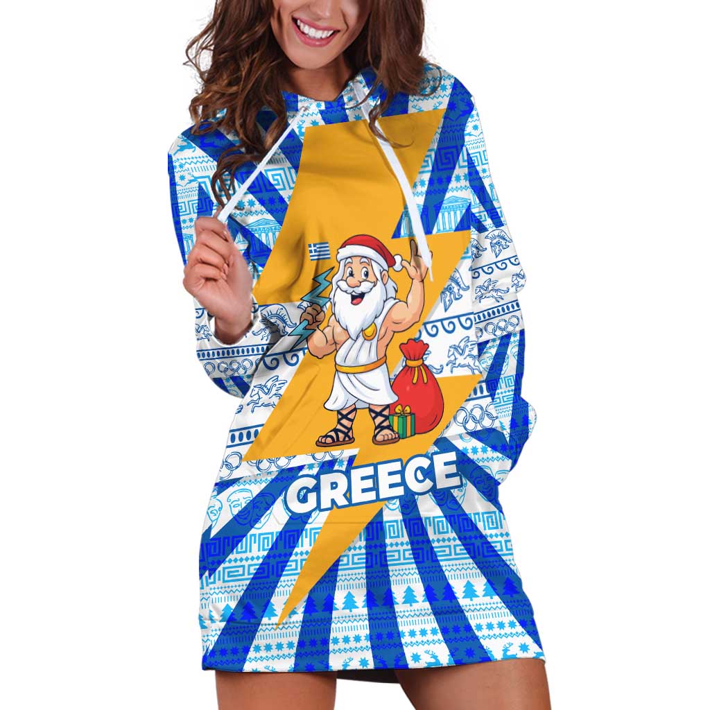 Greece Christmas Hoodie Dress with Zeus Santa Greek Flag Lightning Bolt Gift Bag and Blue Yellow Pattern Design - Wonder Print Shop