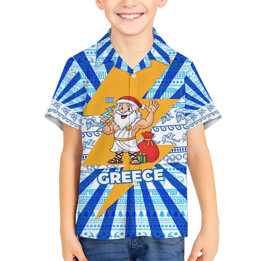 Greece Christmas Kid Hawaiian Shirt with Zeus Santa Greek Flag Lightning Bolt Gift Bag and Blue Yellow Pattern Design - Wonder Print Shop