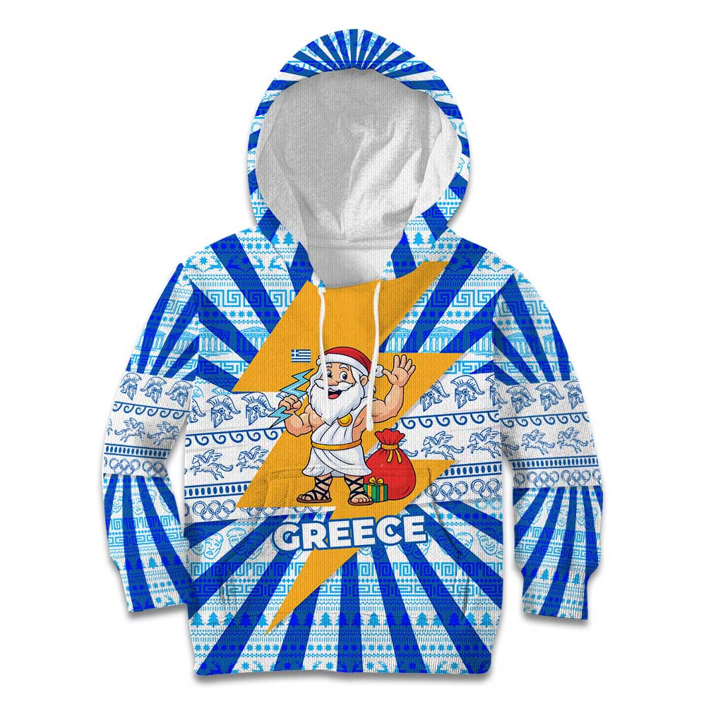 Greece Christmas Kid Hoodie with Zeus Santa Greek Flag Lightning Bolt Gift Bag and Blue Yellow Pattern Design - Wonder Print Shop