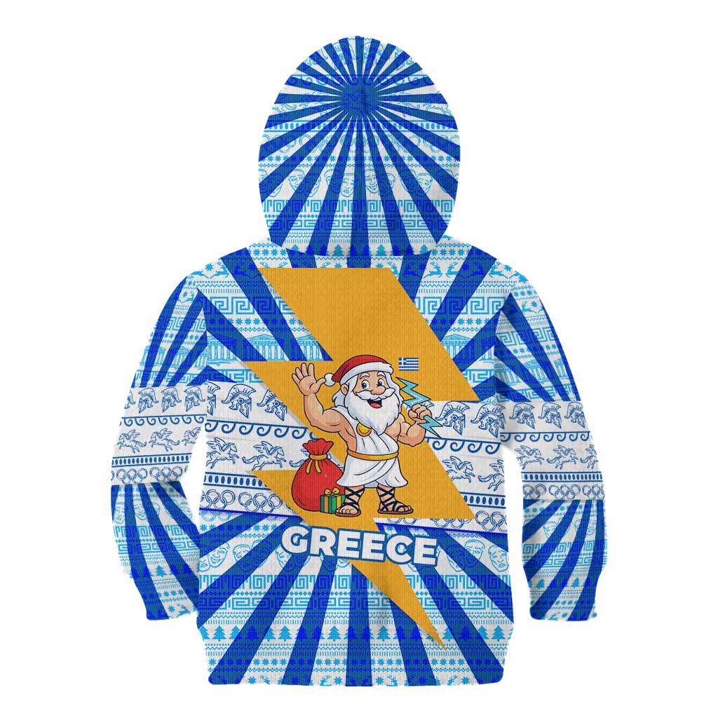 Greece Christmas Kid Hoodie with Zeus Santa Greek Flag Lightning Bolt Gift Bag and Blue Yellow Pattern Design - Wonder Print Shop