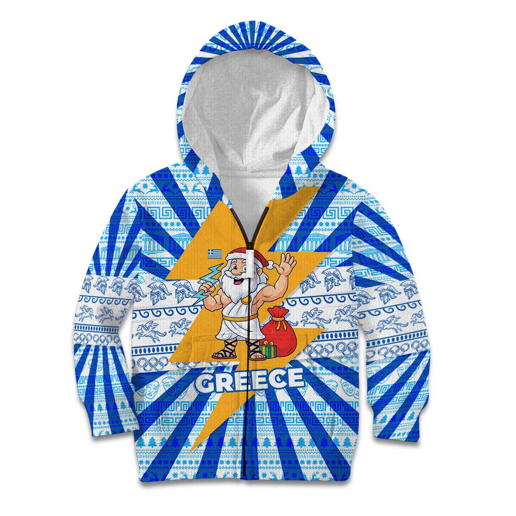 Greece Christmas Kid Hoodie with Zeus Santa Greek Flag Lightning Bolt Gift Bag and Blue Yellow Pattern Design - Wonder Print Shop