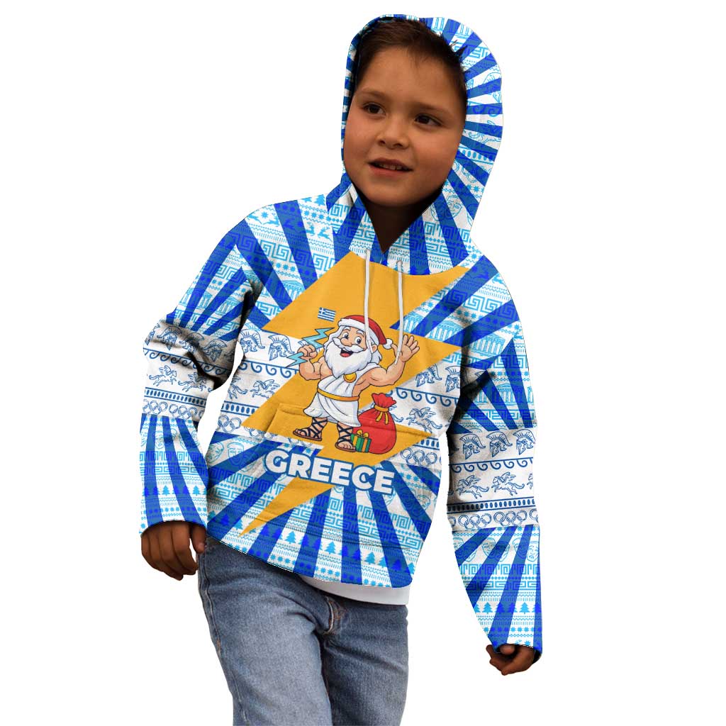 Greece Christmas Kid Hoodie with Zeus Santa Greek Flag Lightning Bolt Gift Bag and Blue Yellow Pattern Design - Wonder Print Shop