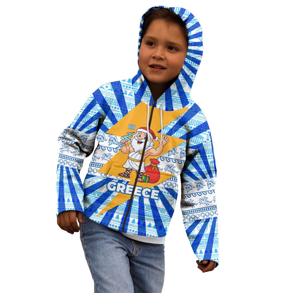 Greece Christmas Kid Hoodie with Zeus Santa Greek Flag Lightning Bolt Gift Bag and Blue Yellow Pattern Design - Wonder Print Shop