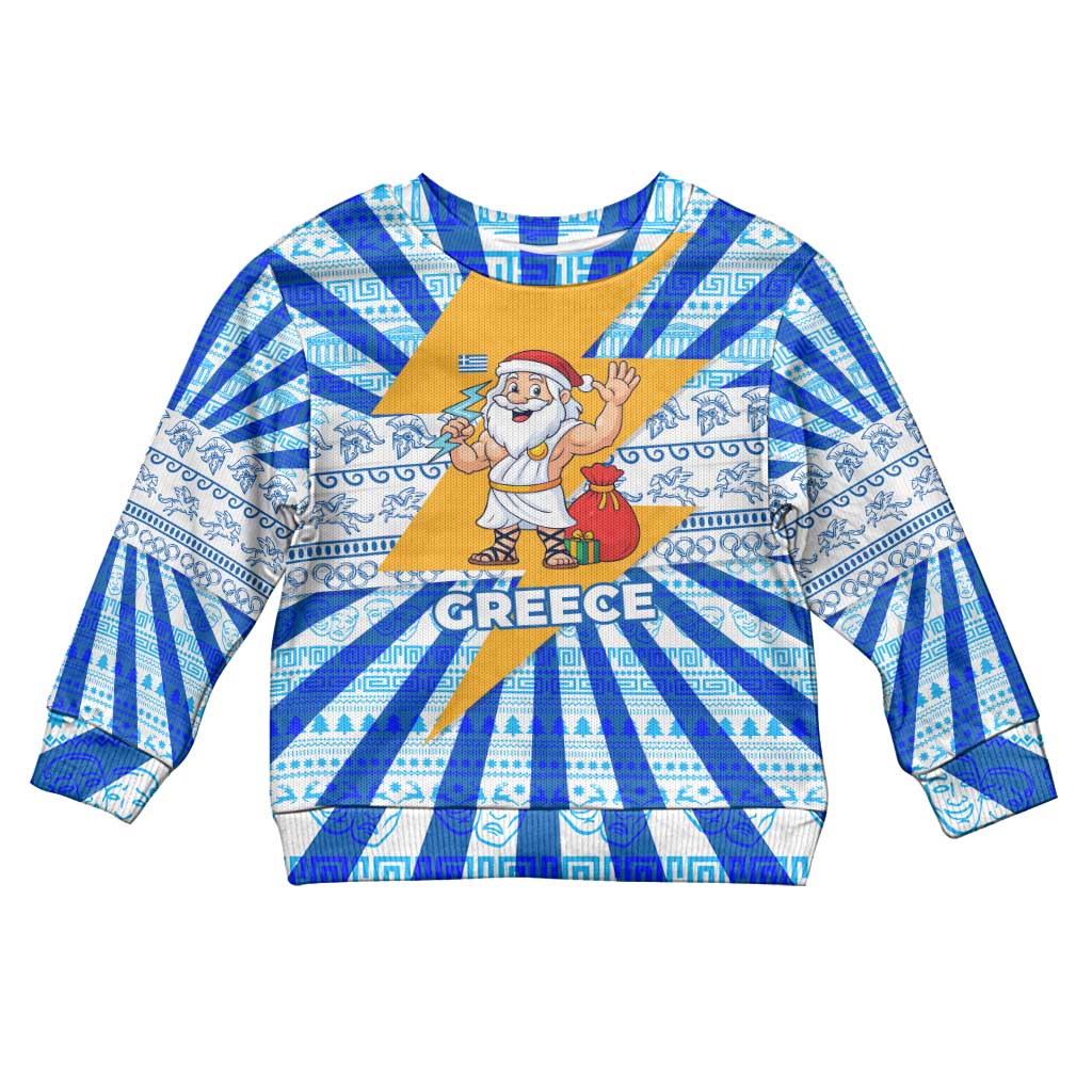 Greece Christmas Kid Ugly Christmas Sweater with Zeus Santa Greek Flag Lightning Bolt Gift Bag and Blue Yellow Pattern Design - Wonder Print Shop