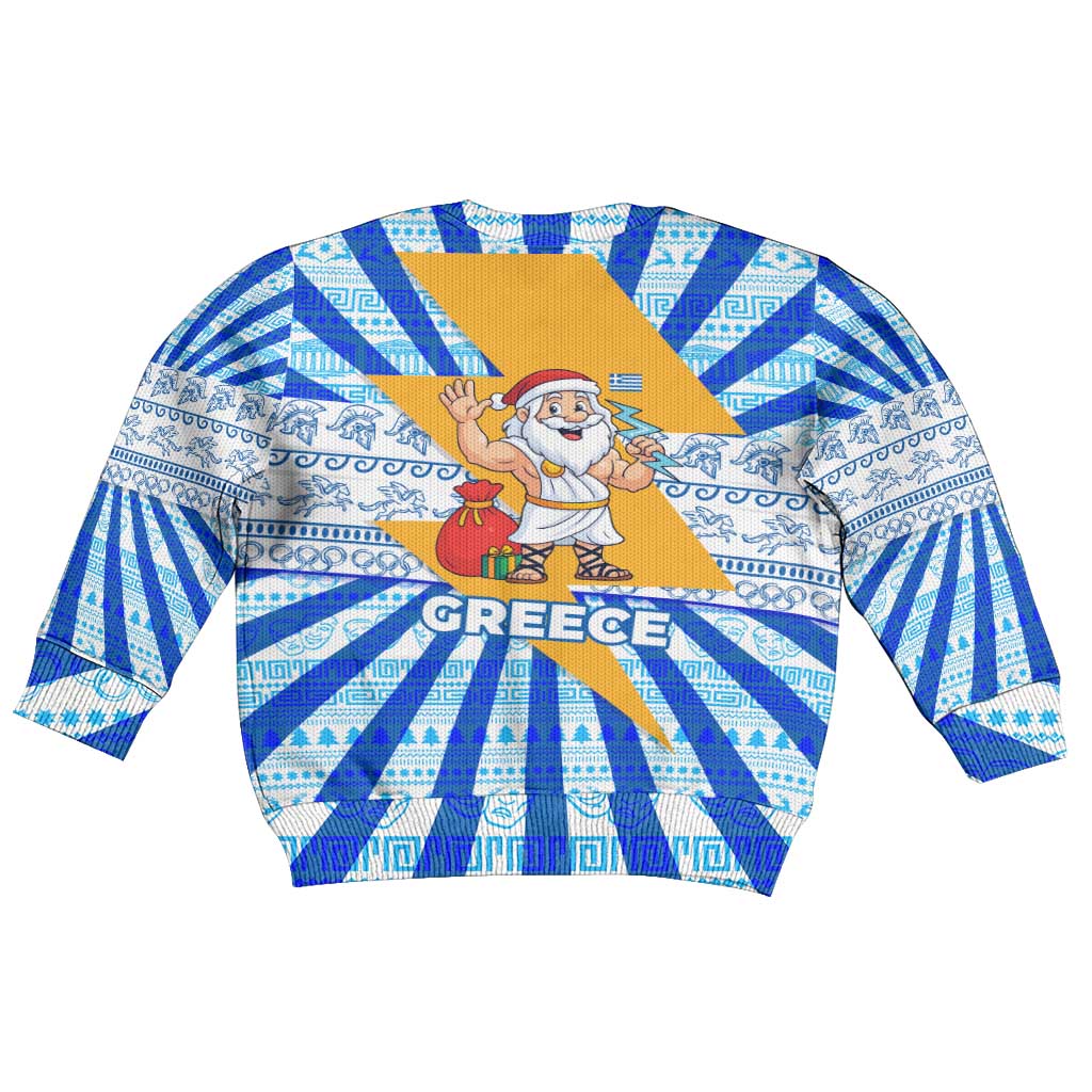 Greece Christmas Kid Ugly Christmas Sweater with Zeus Santa Greek Flag Lightning Bolt Gift Bag and Blue Yellow Pattern Design - Wonder Print Shop