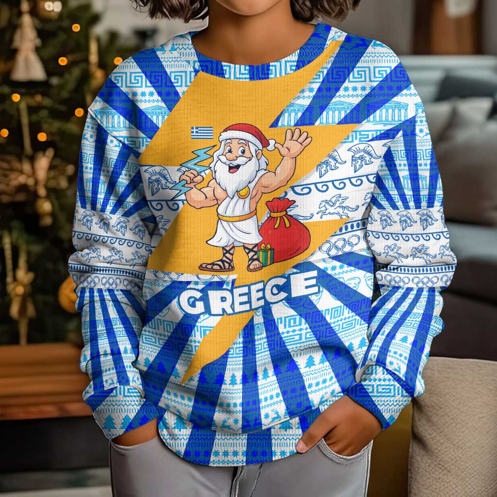 Greece Christmas Kid Ugly Christmas Sweater with Zeus Santa Greek Flag Lightning Bolt Gift Bag and Blue Yellow Pattern Design - Wonder Print Shop