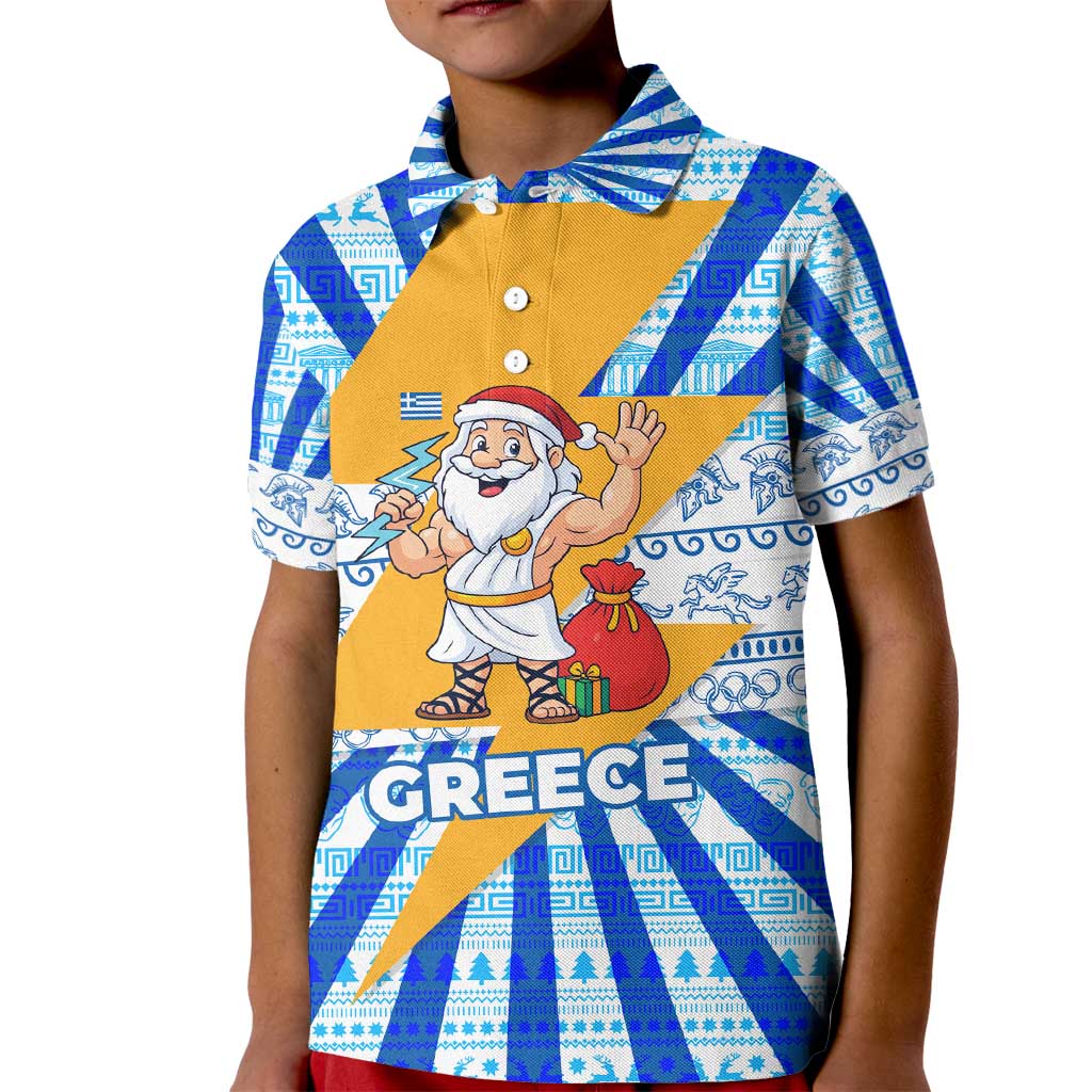 Greece Christmas Kid Polo Shirt with Zeus Santa Greek Flag Lightning Bolt Gift Bag and Blue Yellow Pattern Design - Wonder Print Shop