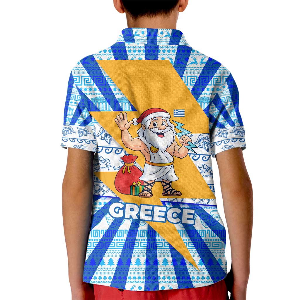 Greece Christmas Kid Polo Shirt with Zeus Santa Greek Flag Lightning Bolt Gift Bag and Blue Yellow Pattern Design - Wonder Print Shop