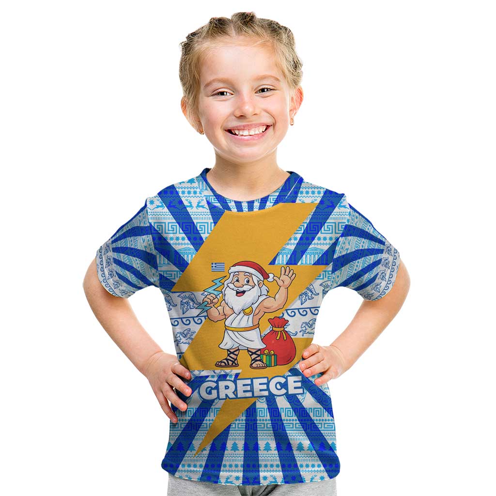 Greece Christmas Kid T Shirt with Zeus Santa Greek Flag Lightning Bolt Gift Bag and Blue Yellow Pattern Design - Wonder Print Shop