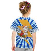 Greece Christmas Kid T Shirt with Zeus Santa Greek Flag Lightning Bolt Gift Bag and Blue Yellow Pattern Design - Wonder Print Shop