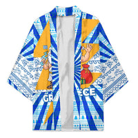 Greece Christmas Kimono with Zeus Santa Greek Flag Lightning Bolt Gift Bag and Blue Yellow Pattern Design - Wonder Print Shop