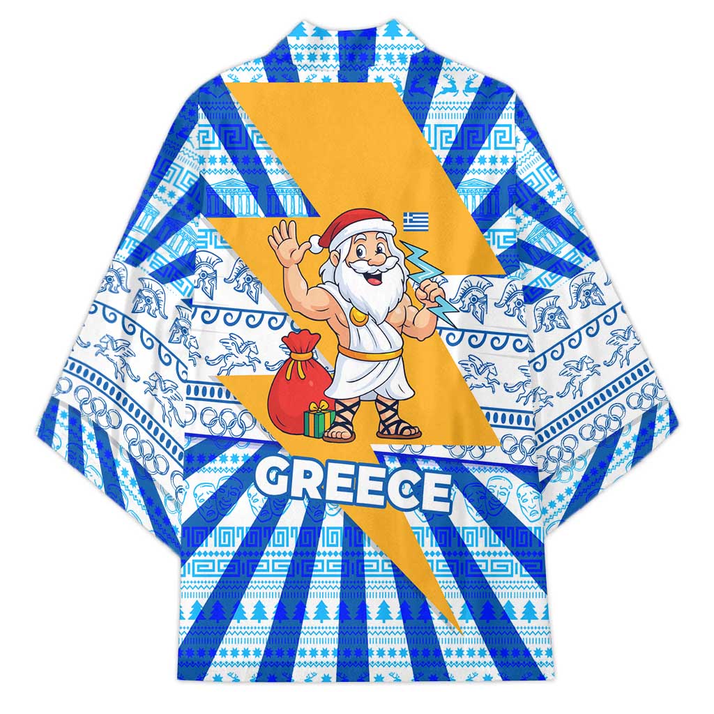 Greece Christmas Kimono with Zeus Santa Greek Flag Lightning Bolt Gift Bag and Blue Yellow Pattern Design - Wonder Print Shop