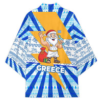 Greece Christmas Kimono with Zeus Santa Greek Flag Lightning Bolt Gift Bag and Blue Yellow Pattern Design - Wonder Print Shop