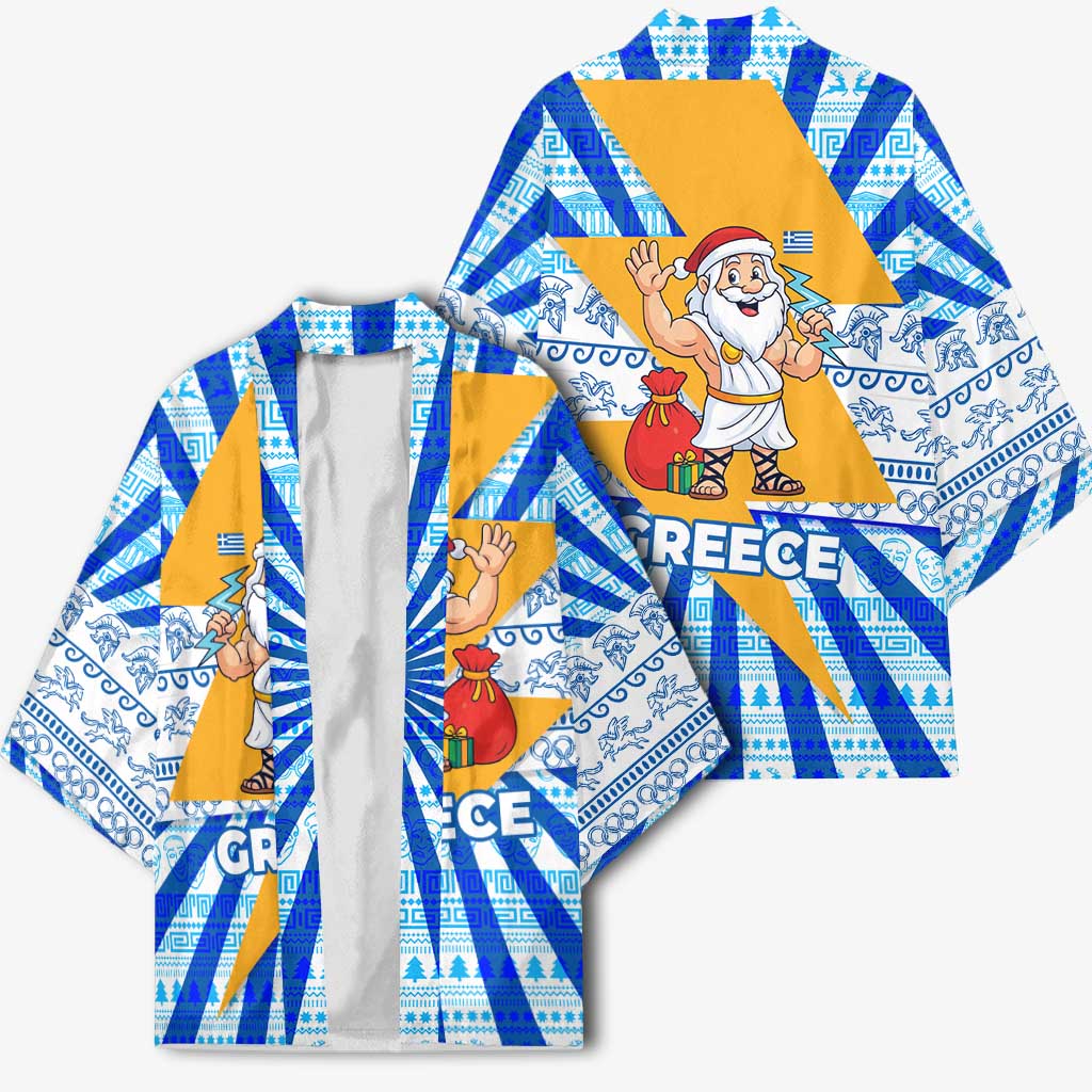 Greece Christmas Kimono with Zeus Santa Greek Flag Lightning Bolt Gift Bag and Blue Yellow Pattern Design - Wonder Print Shop