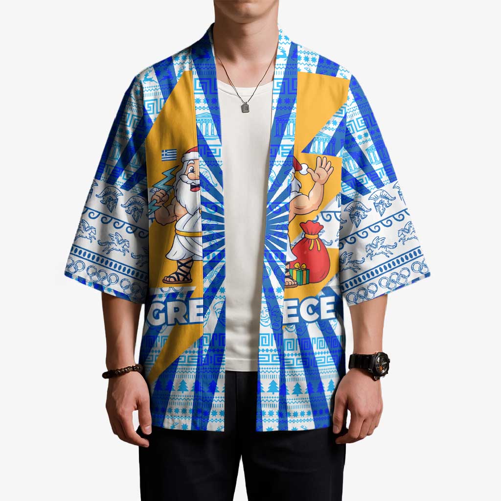 Greece Christmas Kimono with Zeus Santa Greek Flag Lightning Bolt Gift Bag and Blue Yellow Pattern Design - Wonder Print Shop