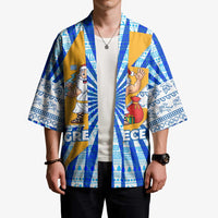 Greece Christmas Kimono with Zeus Santa Greek Flag Lightning Bolt Gift Bag and Blue Yellow Pattern Design - Wonder Print Shop