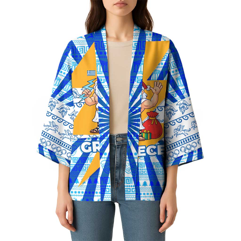 Greece Christmas Kimono with Zeus Santa Greek Flag Lightning Bolt Gift Bag and Blue Yellow Pattern Design - Wonder Print Shop