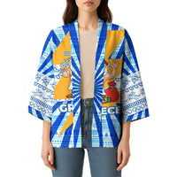 Greece Christmas Kimono with Zeus Santa Greek Flag Lightning Bolt Gift Bag and Blue Yellow Pattern Design - Wonder Print Shop