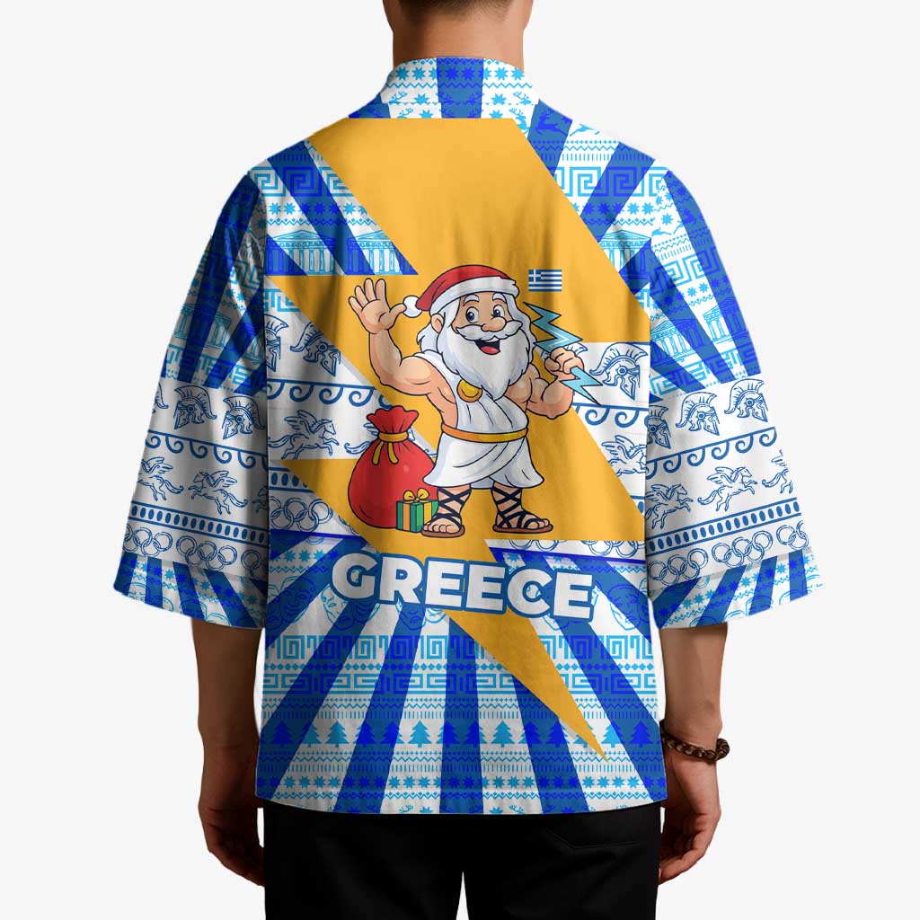 Greece Christmas Kimono with Zeus Santa Greek Flag Lightning Bolt Gift Bag and Blue Yellow Pattern Design - Wonder Print Shop