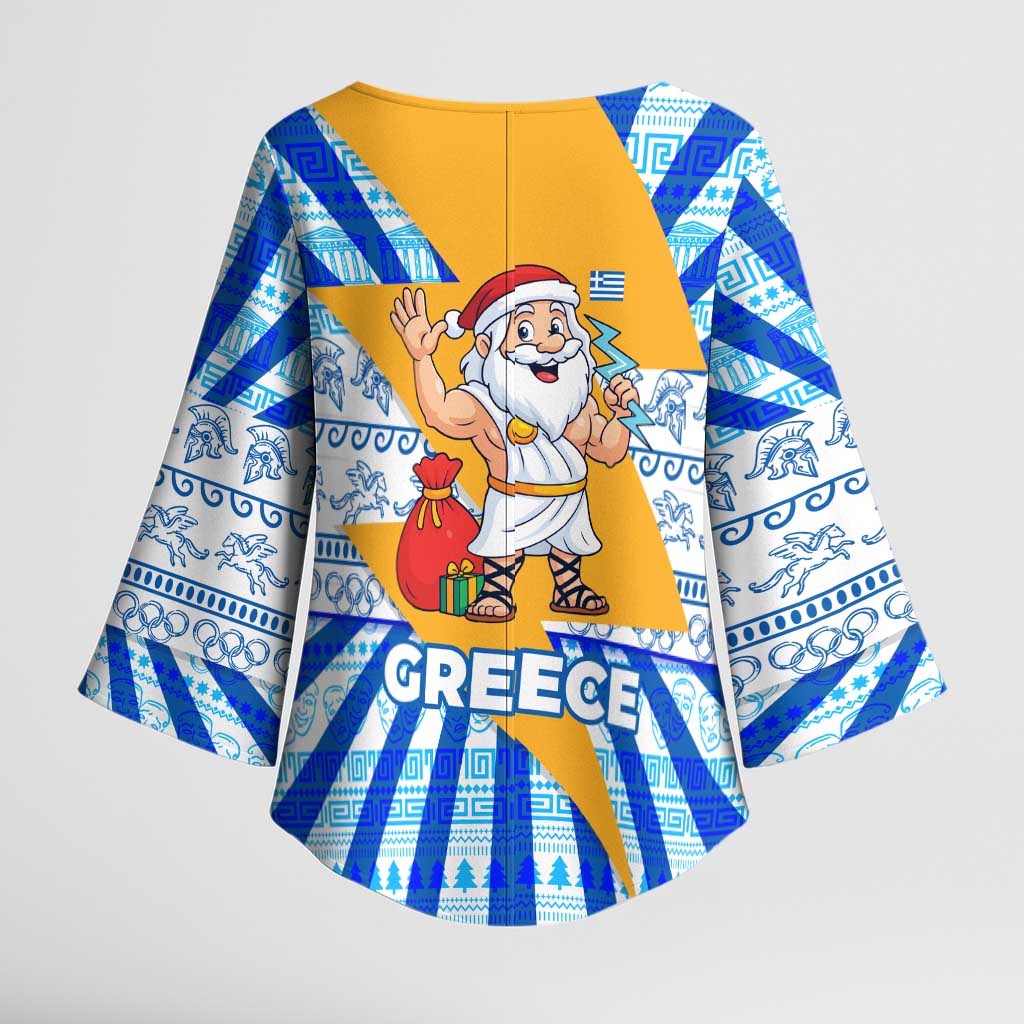 Greece Christmas Kimono Sleeve Blouse with Zeus Santa Greek Flag Lightning Bolt Gift Bag and Blue Yellow Pattern Design - Wonder Print Shop