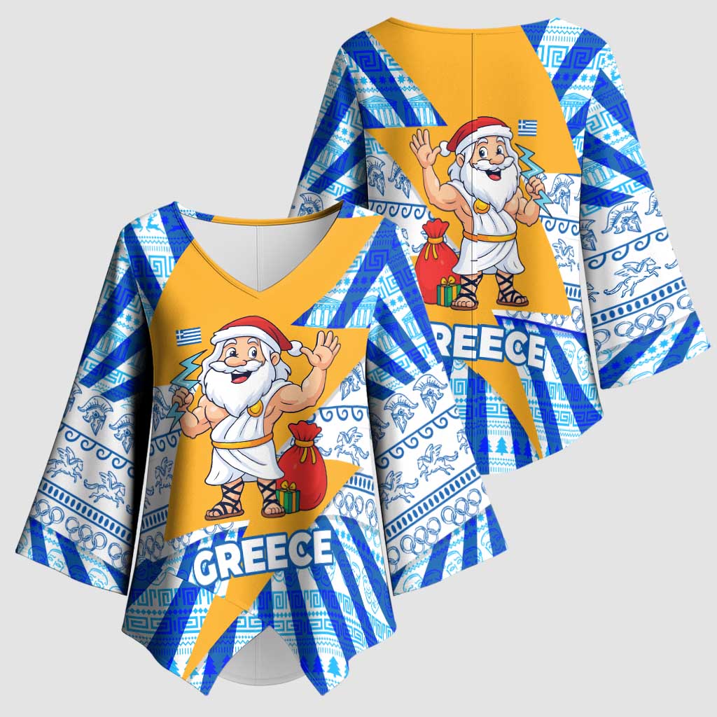 Greece Christmas Kimono Sleeve Blouse with Zeus Santa Greek Flag Lightning Bolt Gift Bag and Blue Yellow Pattern Design - Wonder Print Shop