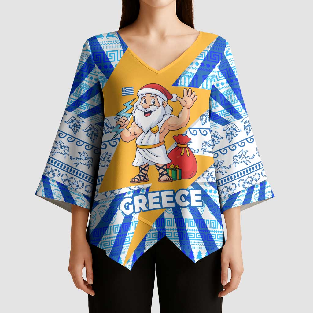 Greece Christmas Kimono Sleeve Blouse with Zeus Santa Greek Flag Lightning Bolt Gift Bag and Blue Yellow Pattern Design - Wonder Print Shop