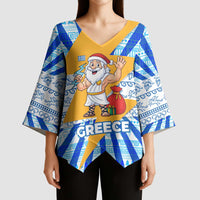 Greece Christmas Kimono Sleeve Blouse with Zeus Santa Greek Flag Lightning Bolt Gift Bag and Blue Yellow Pattern Design - Wonder Print Shop