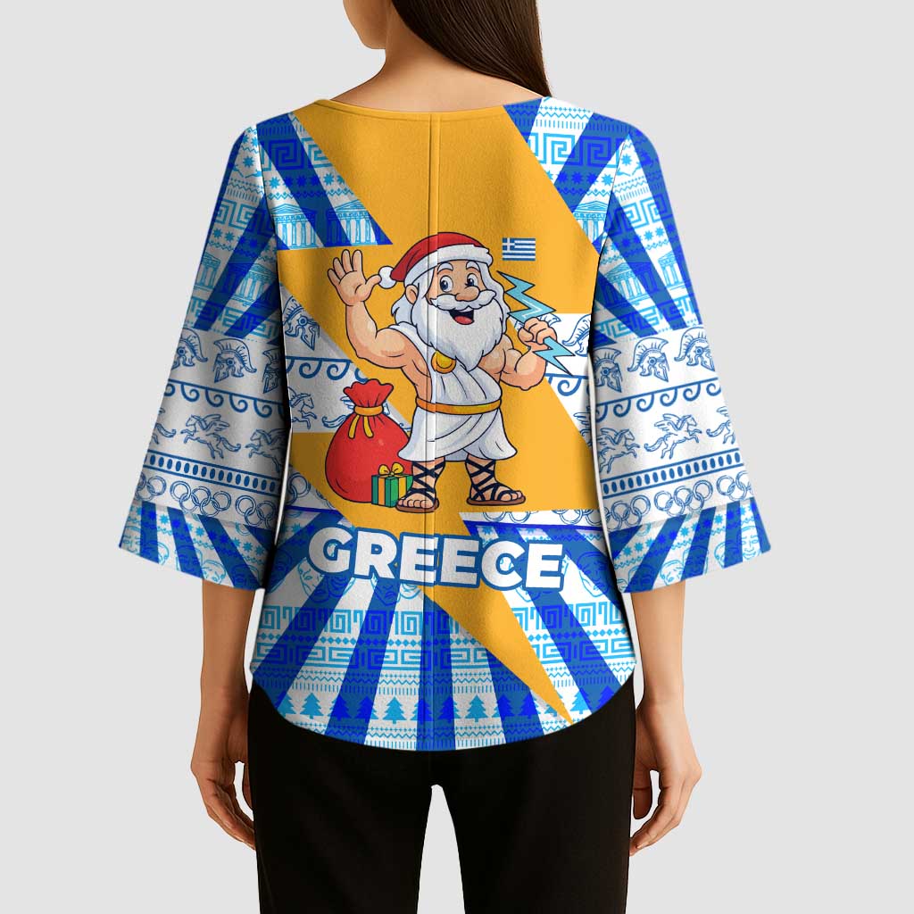 Greece Christmas Kimono Sleeve Blouse with Zeus Santa Greek Flag Lightning Bolt Gift Bag and Blue Yellow Pattern Design - Wonder Print Shop