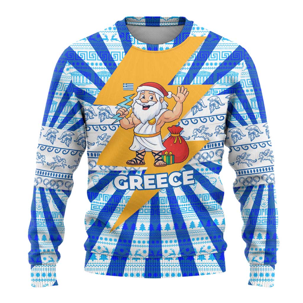 Greece Christmas Ugly Christmas Sweater with Zeus Santa Greek Flag Lightning Bolt Gift Bag and Blue Yellow Pattern Design - Wonder Print Shop