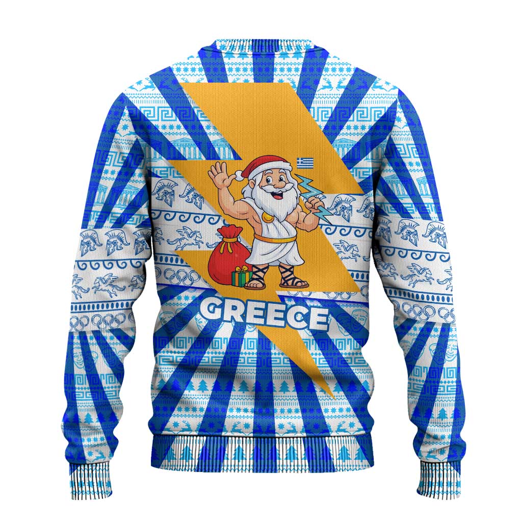Greece Christmas Ugly Christmas Sweater with Zeus Santa Greek Flag Lightning Bolt Gift Bag and Blue Yellow Pattern Design - Wonder Print Shop