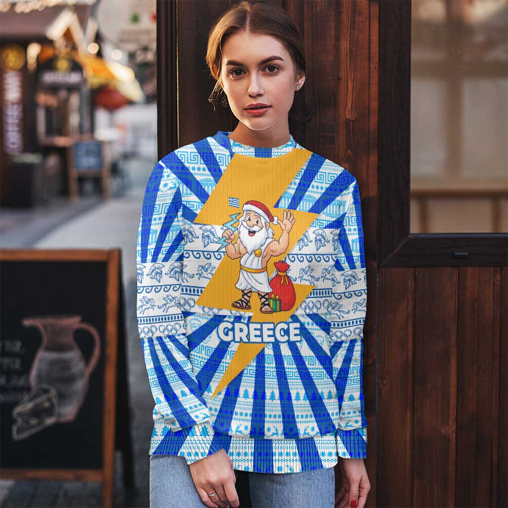 Greece Christmas Ugly Christmas Sweater with Zeus Santa Greek Flag Lightning Bolt Gift Bag and Blue Yellow Pattern Design - Wonder Print Shop