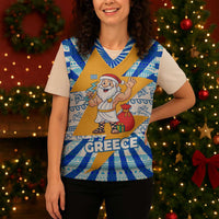 Greece Christmas Knitted V-Neck Vest with Zeus Santa Greek Flag Lightning Bolt Gift Bag and Blue Yellow Pattern Design - Wonder Print Shop
