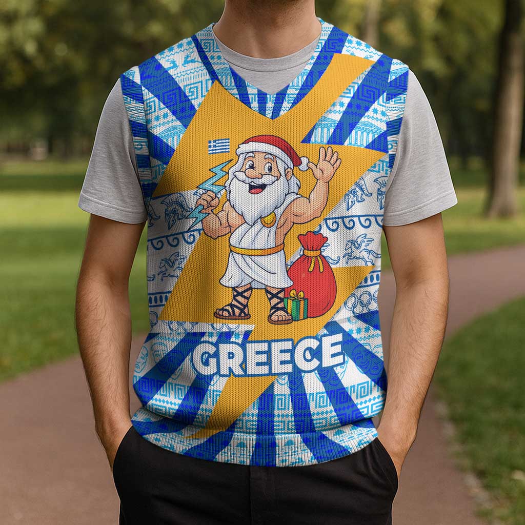 Greece Christmas Knitted V-Neck Vest with Zeus Santa Greek Flag Lightning Bolt Gift Bag and Blue Yellow Pattern Design - Wonder Print Shop