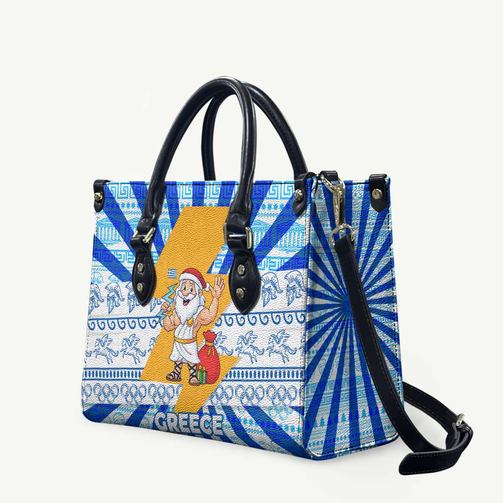 Greece Christmas Leather Bag with Zeus Santa Greek Flag Lightning Bolt Gift Bag and Blue Yellow Pattern Design - Wonder Print Shop