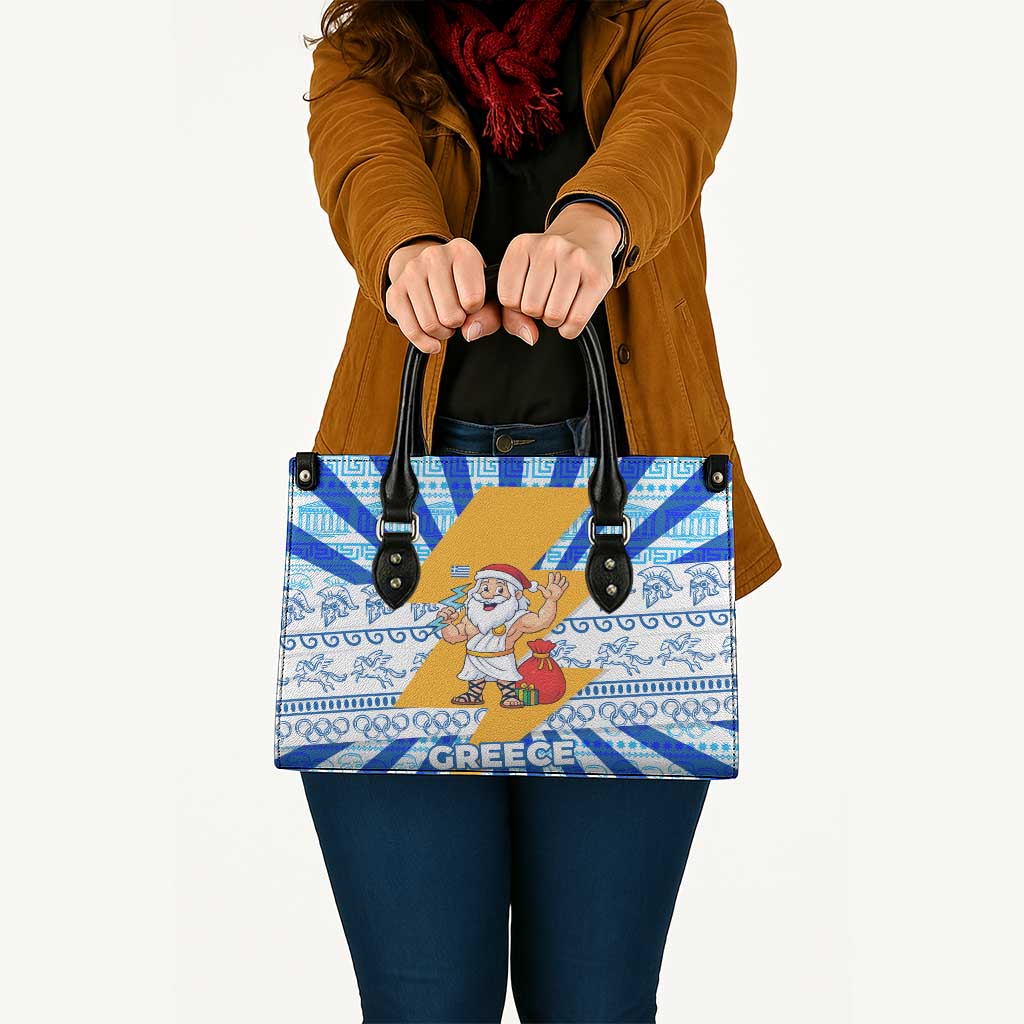 Greece Christmas Leather Bag with Zeus Santa Greek Flag Lightning Bolt Gift Bag and Blue Yellow Pattern Design - Wonder Print Shop